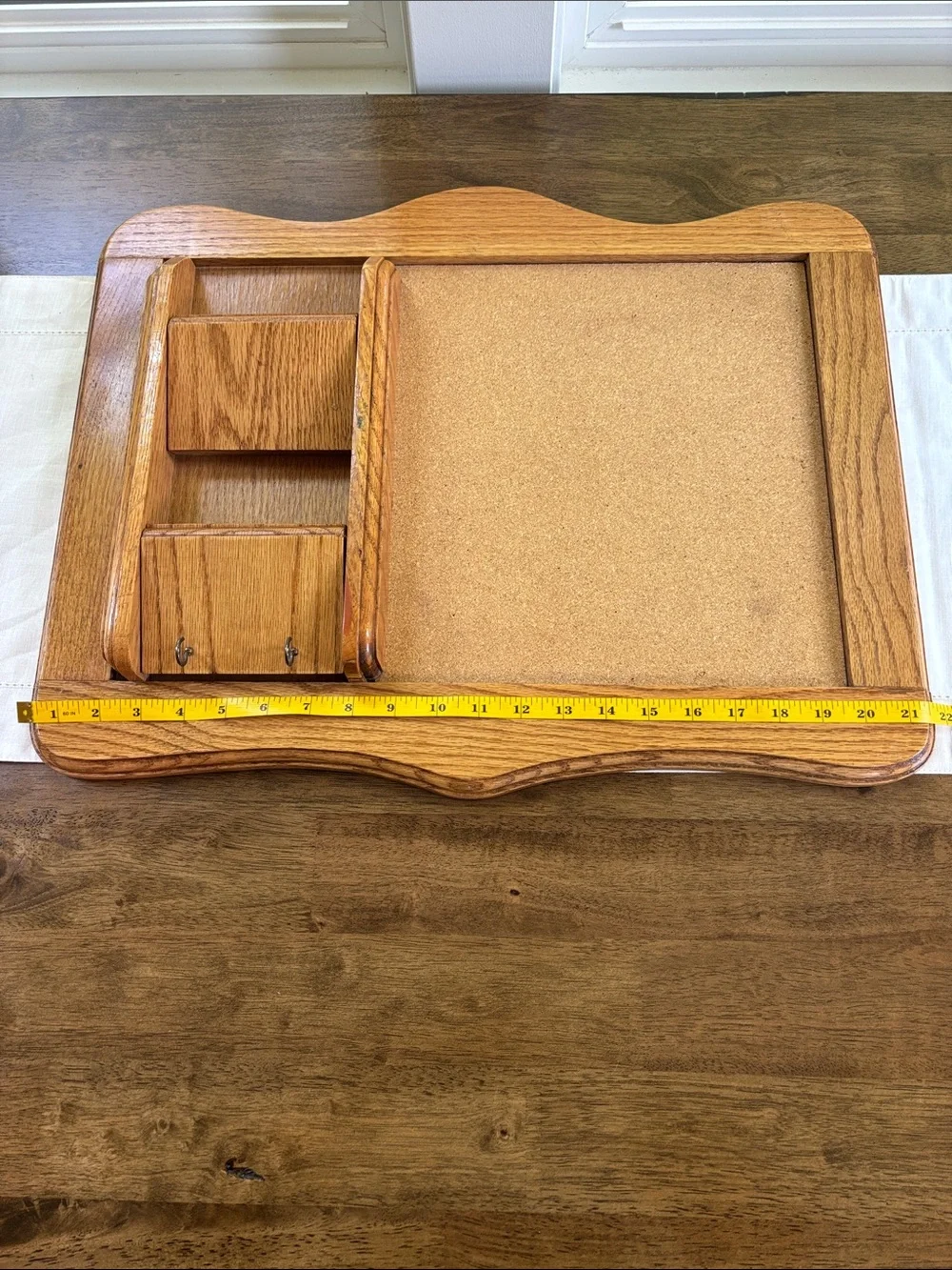 Vintage Oak Wood Wall Organizer with Cork Board, Mail Slots, and Key Hooks 22x16